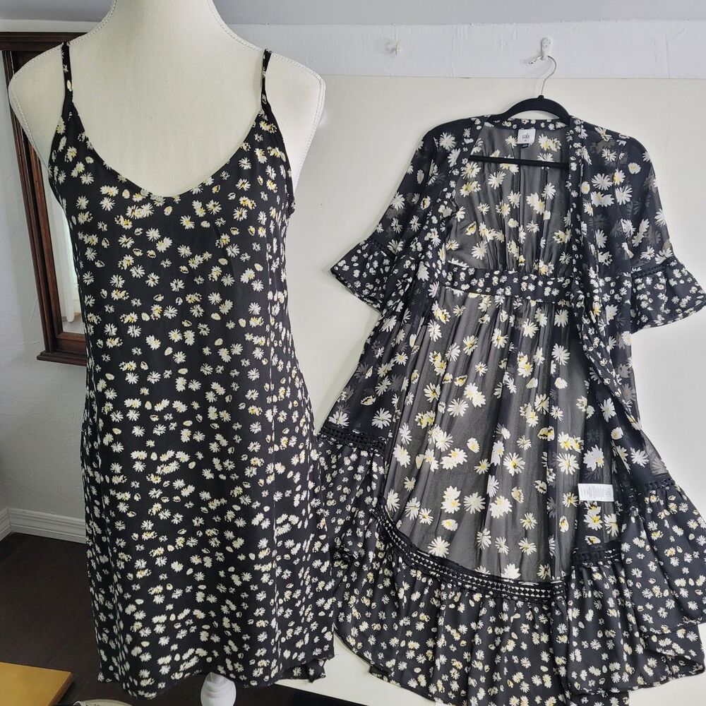 CAbi style 5816 Daisy Two-Piece Dress & Duster Set XS Black White Floral